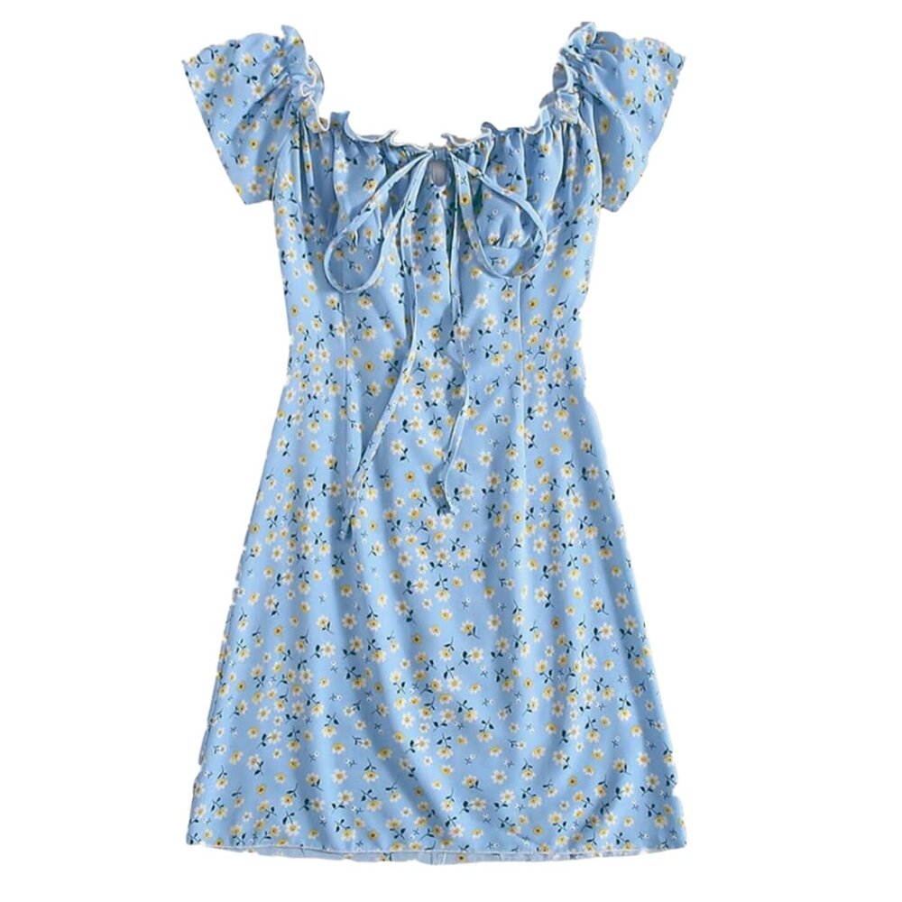 Floral Blue Milkmaid Dress with Daisies A-Line Dress (S)